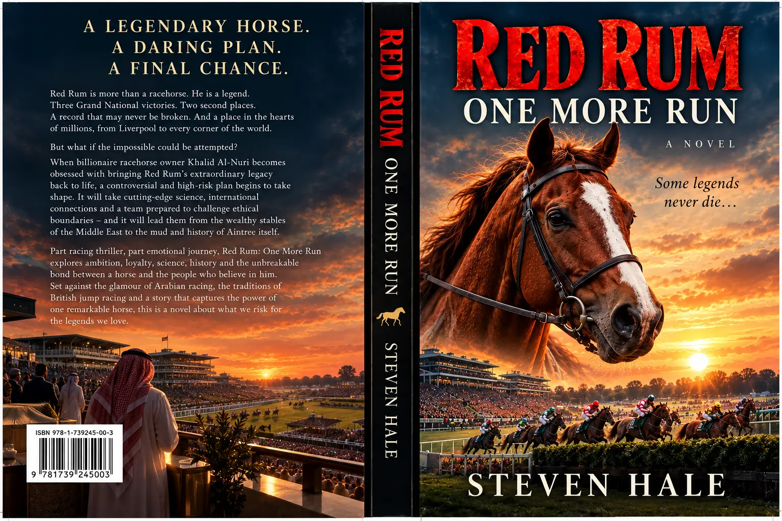 Full hardback jacket for Red Rum: One More Run by Steven Hale, showing the back, spine and front cover