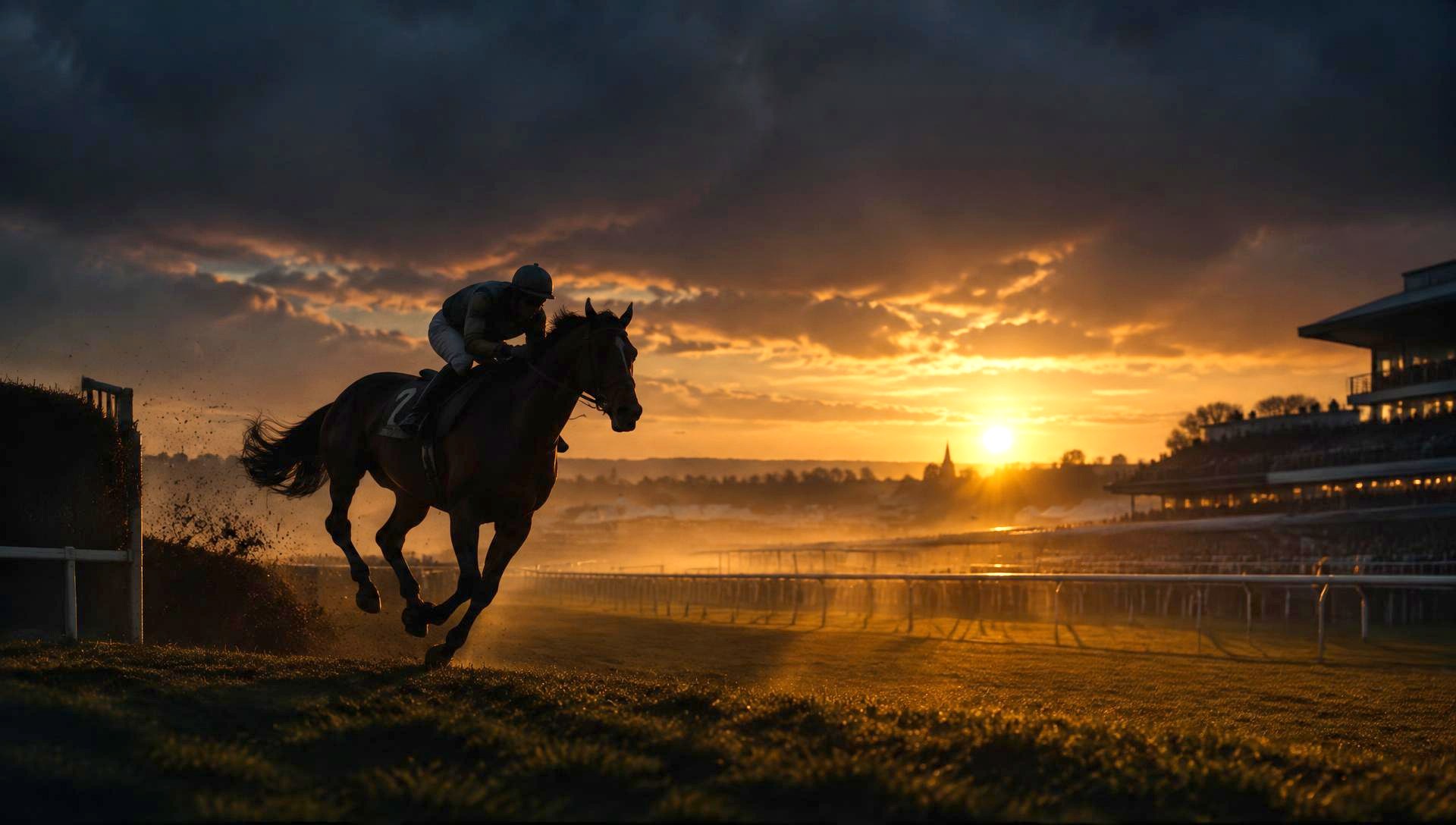 A racehorse and jockey galloping at Aintree at sunset
